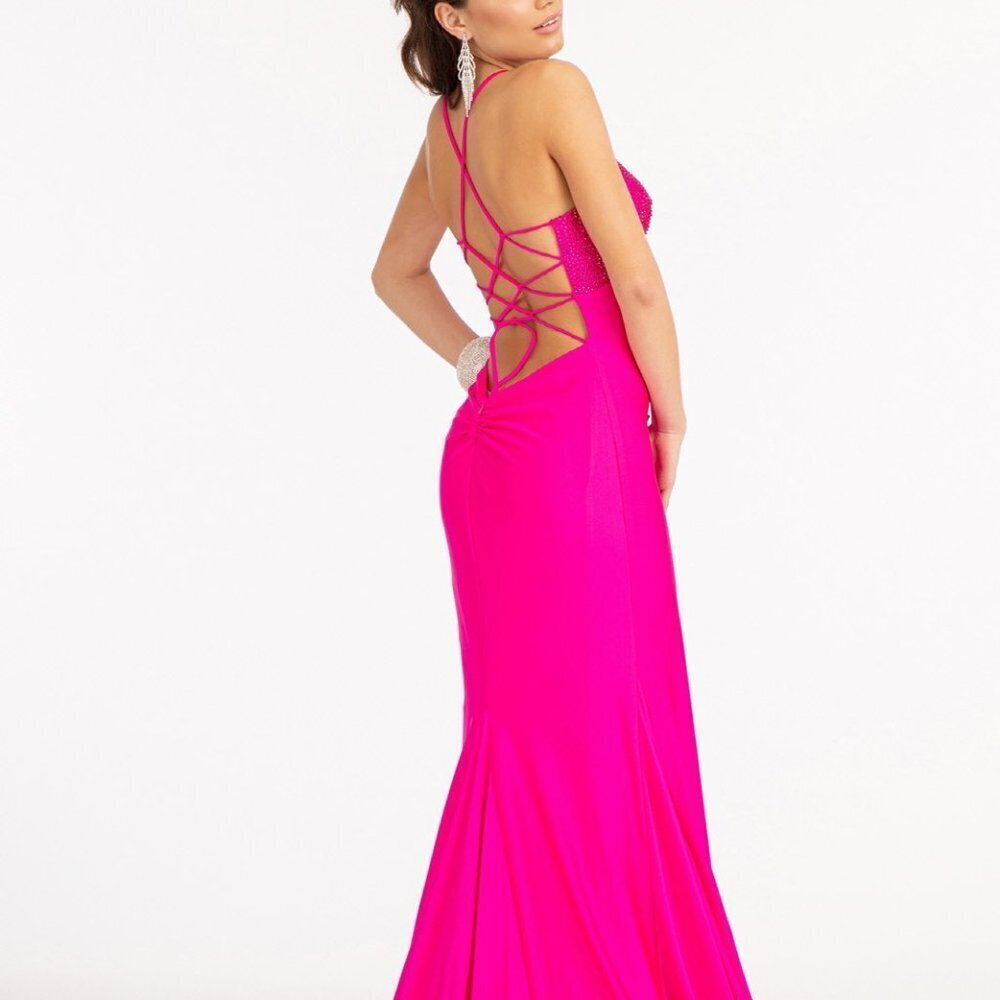FUCHSIA PROM Beads Embellished Jersey Mermaid Dress w/ Strap Lace-up Back GL3035